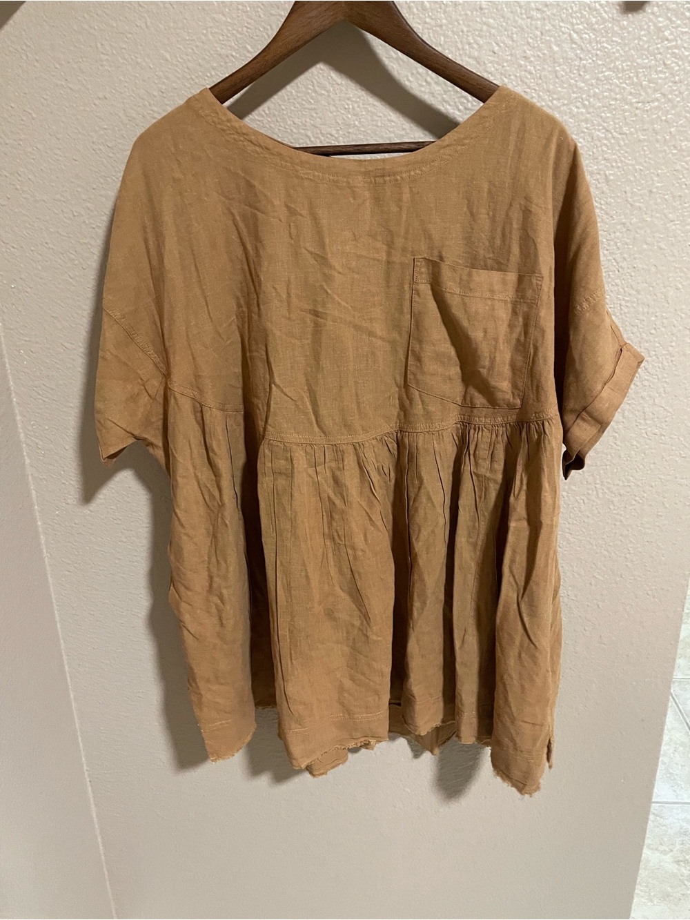 Relaxed Tan Linen Blend Peasant Top with Pocket